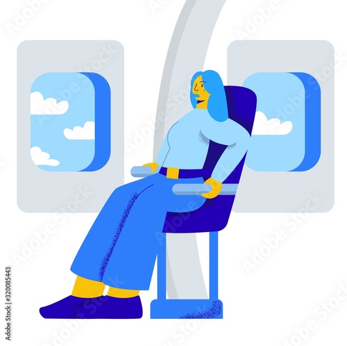 Character girl afraid to fly in an airplane. Feeling the fear of flying in the sky. The girl is fastened in an airplane.