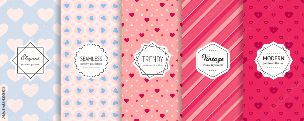 Vector Valentines day seamless patterns collection. Set of colorful ...