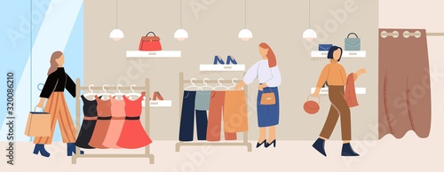 Cartoon female customer inside trendy clothes store vector flat illustration. Fashion girl character enjoying shopping at boutique. Shopaholic people buying clothing