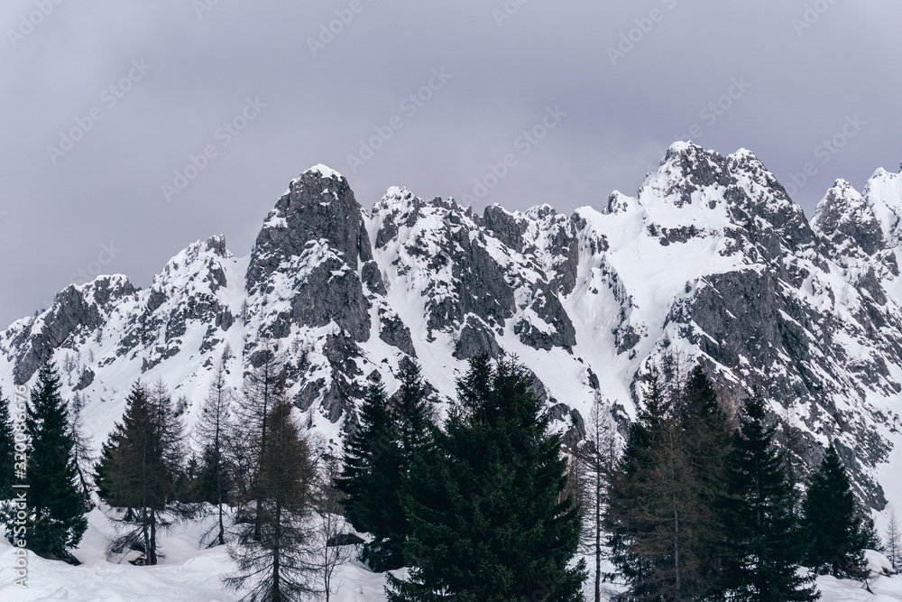 Winter in the mountains and the snowy valleys of the Alps during a fantastic winter day, near the town of Schilpario, Italy - January 2020.