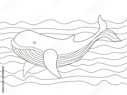 Vector beautiful coloring book for adults and children with a whale among the waves. A series of coloring books with marine animals. Minimalism and simple lines, silhouette of fish. photo