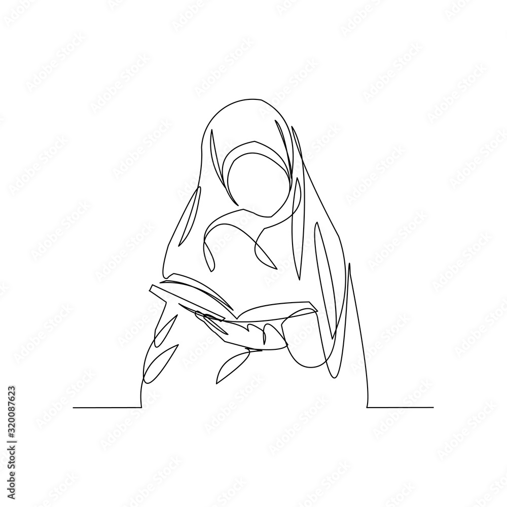 Continuous line drawing of muslim women in hijab read quran. Vector illustration. Continuous line drawing of muslim women in hijab read quran. Vector illustration.