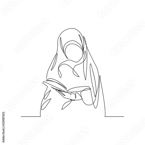 Continuous line drawing of muslim women in hijab read quran. Vector illustration.