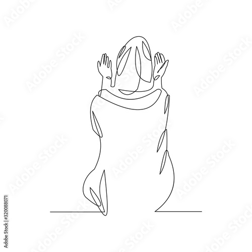 Continuous line drawing of muslim women pray and raise hand in hijab. Vector illustration.