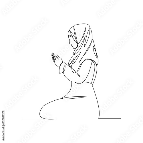 Continuous line drawing of muslim women pray and raise hand in hijab. Vector illustration.