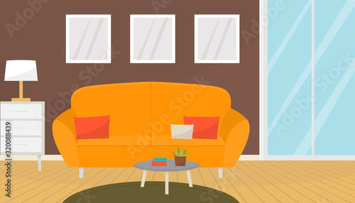 Modern living room interior with cozy sofa and coffee table. Apartment with door to balcony. Home design. Flat vector illustration.