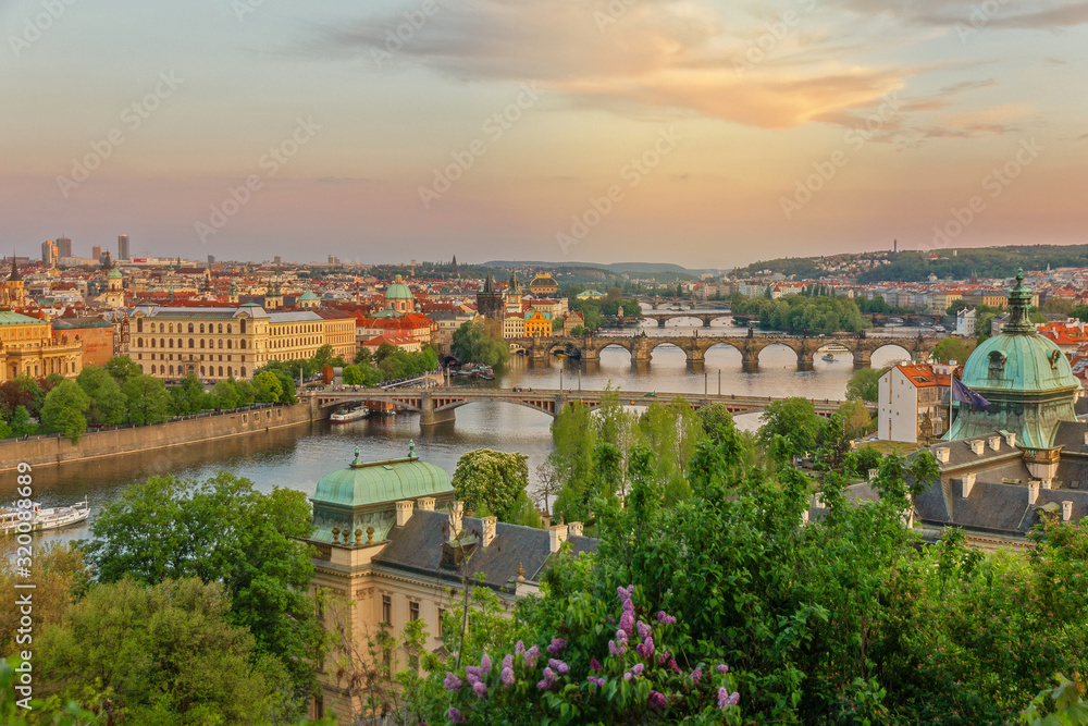 Prague river Vltava bridges landscape view, Czechia (Czech Republic).