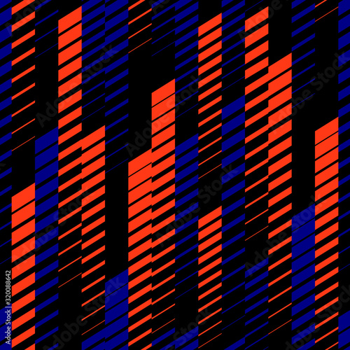 Vector abstract geometric seamless pattern with vertical lines, tracks, halftone stripes. Extreme sport style, urban art texture. Trendy sportive background in bright neon colors, red, blue, black