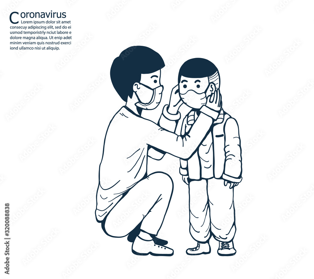 The father is wearing a mask to prevent pollution for his son.Baby wearing masks to help prevent the spread of a deadly coronavirus.illustration vector for coronavirus.