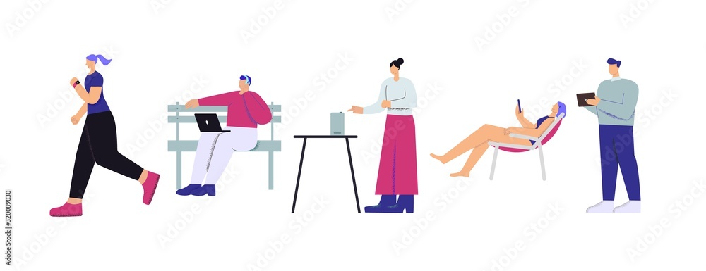 A group of modern digital guys and girls. People who watch cell phones. Everyone makes an action using a gadget. A group of modern digital guys and girls. People who watch cell phones. Everyone makes an action using a gadget.