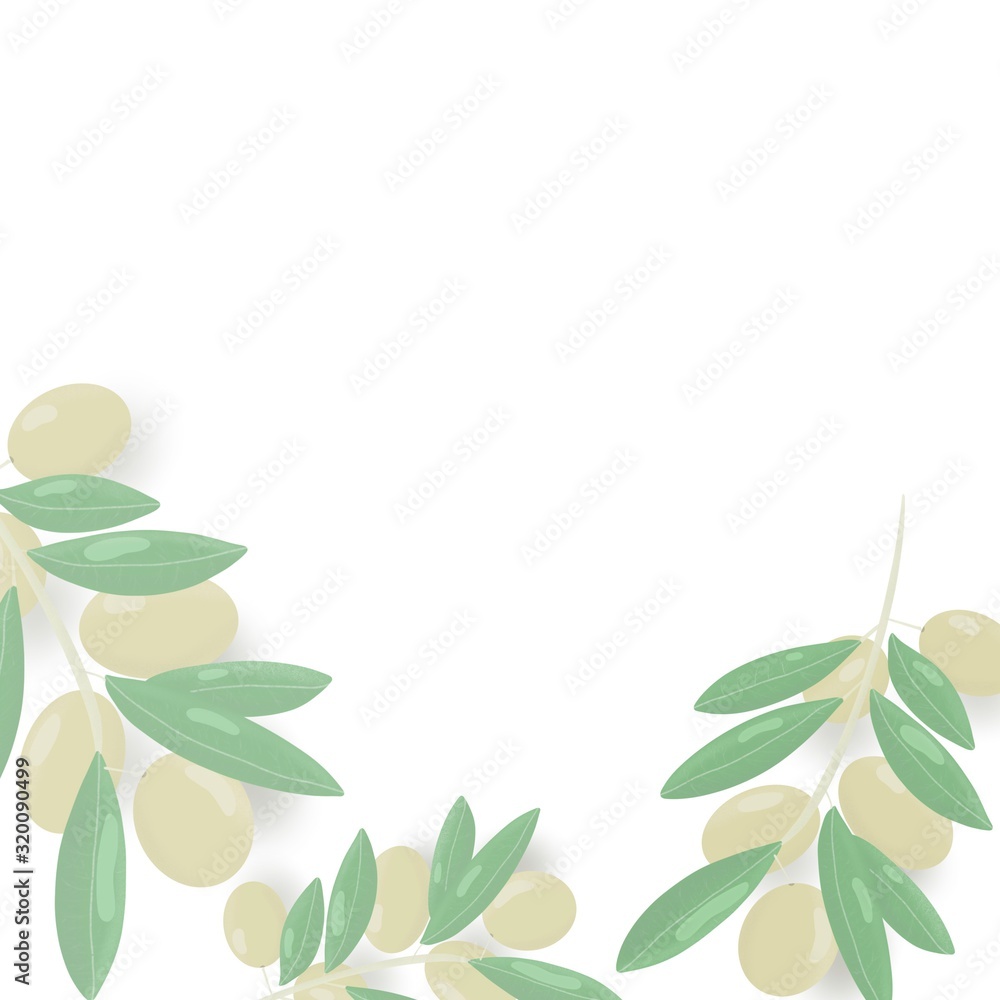 Olives on a branch, olive oil, color picture, branch with leaves, green leaves, branch and olives, hand-drawn illustration, multi-colored drawing