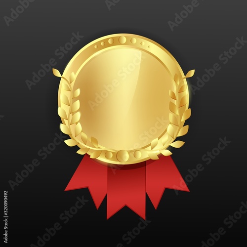 Gold medal award with wreath and ribbon. Medal blank for rewarding for victory.