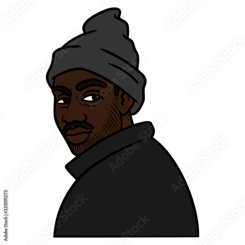 portrait of a dark-skinned rapper with a hat who looks cool over his shoulder. hip hop, avatar, comic, vector, illustration.