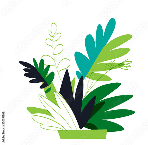 Piante e foglie ornamentali in style semplice isolate sullo sfondo bianco. Composizione floreale - Illustrazione vettoriale