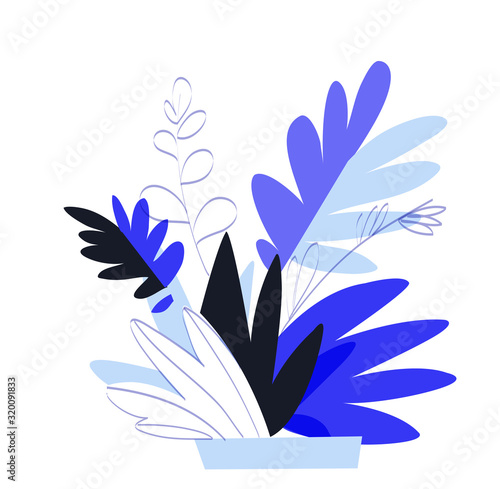 Piante e foglie ornamentali in style semplice isolate sullo sfondo bianco- Illustrazione vettoriale