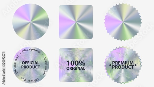 Set of hologram label geometric shapes vector flat illustration. Collection of holographic sticker quality emblem isolated on white background. Symbol of certification product photo