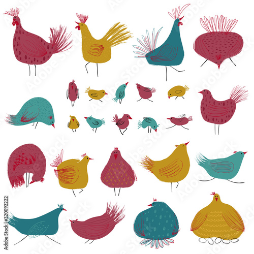 Funny Collection With Colorful Chicken Birds.