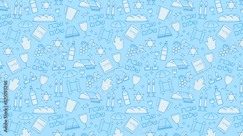 Shabbat blue background. Star of David, candles, kiddush cup and challah. Hebrew text "Shabbat Shalom". Vector illustration.