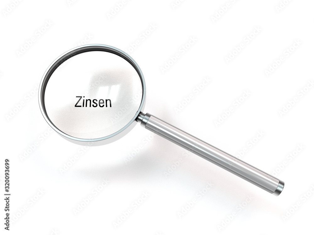 lupe mit dem wort zinsen im fokus als symbol für die zinspolitik der banken lupe mit dem wort zinsen im fokus als symbol für die zinspolitik der banken