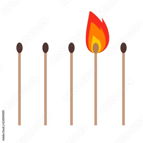 Black isolated icon of matchstick with fire on white background. Silhouette of match stick with flame. Flat design.