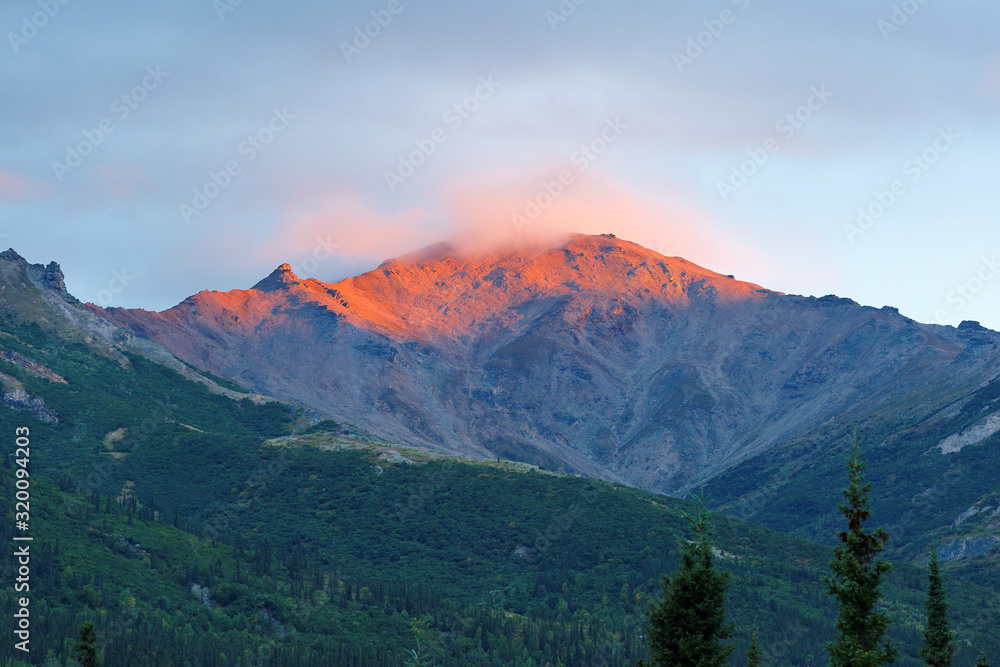 Sunrise at Denali National Park, Alaska, USA. Denali National Park and Preserve encompasses 6 million acres. With terrain of tundra, spruce forest and glaciers, the park is home to wildlife.