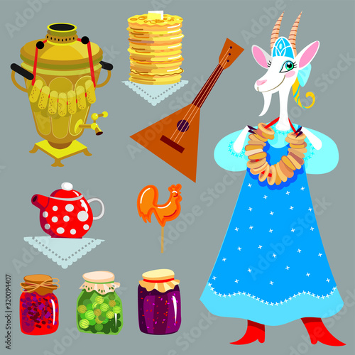 Maslenitsa, icon set, Russian style, goat, balalaika