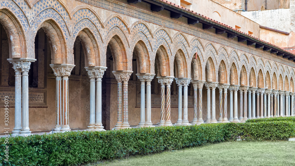The colonnade in the Benedictine Cloister in Monreale, Sicily, Italy.