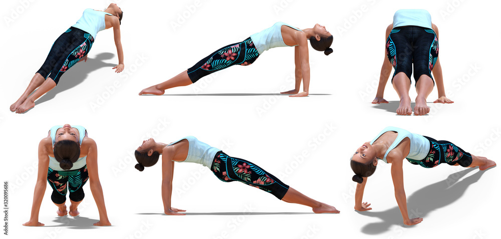 Virtual Woman in Yoga Upward Plank Pose with 6 angles of view