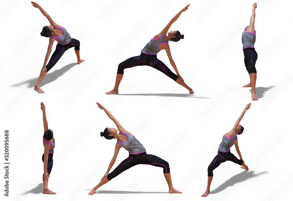Fototapeta premium Virtual Woman in Yoga Reverse Warrior Pose with 6 angles of view