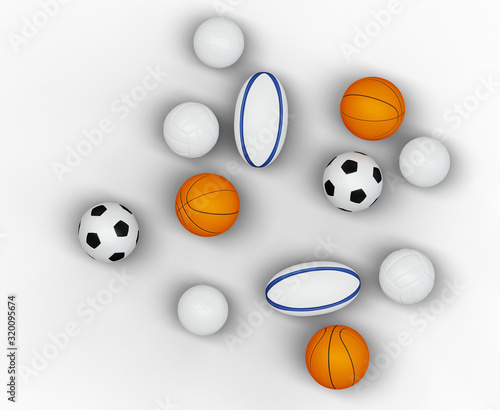 Top view of several team sport balls