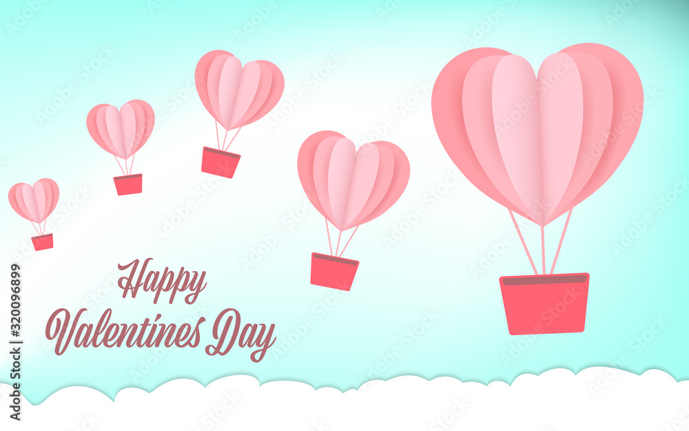 Pink heart balloon floating over the cloud with word happy valentines day