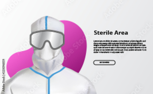 Sterile coverall gown with mask and goggle for laboratory, technician, doctor or cleaning room concept