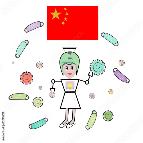 antivirus with robot nurse and medical mask in Chinese on white background 