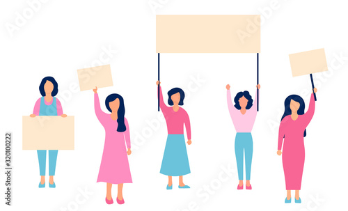 A group of women protesting and defending their rights. Group with banners and posters. Women's March for Rights. The movement of feminists. Woman power concept. Vector illustration.