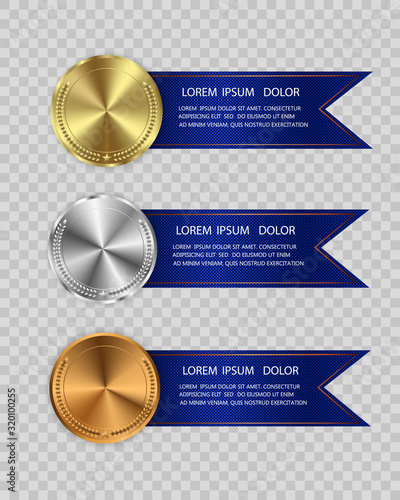 Set of gold, bronze and silver. Winner award competition, prize medal and banner for text. Award medals isolated on transparent background. Vector illustration of winner concept.