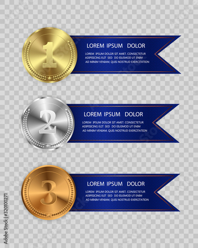 Set of gold, bronze and silver. Winner award competition, prize medal and banner for text. Award medals isolated on transparent background. Vector illustration of winner concept.