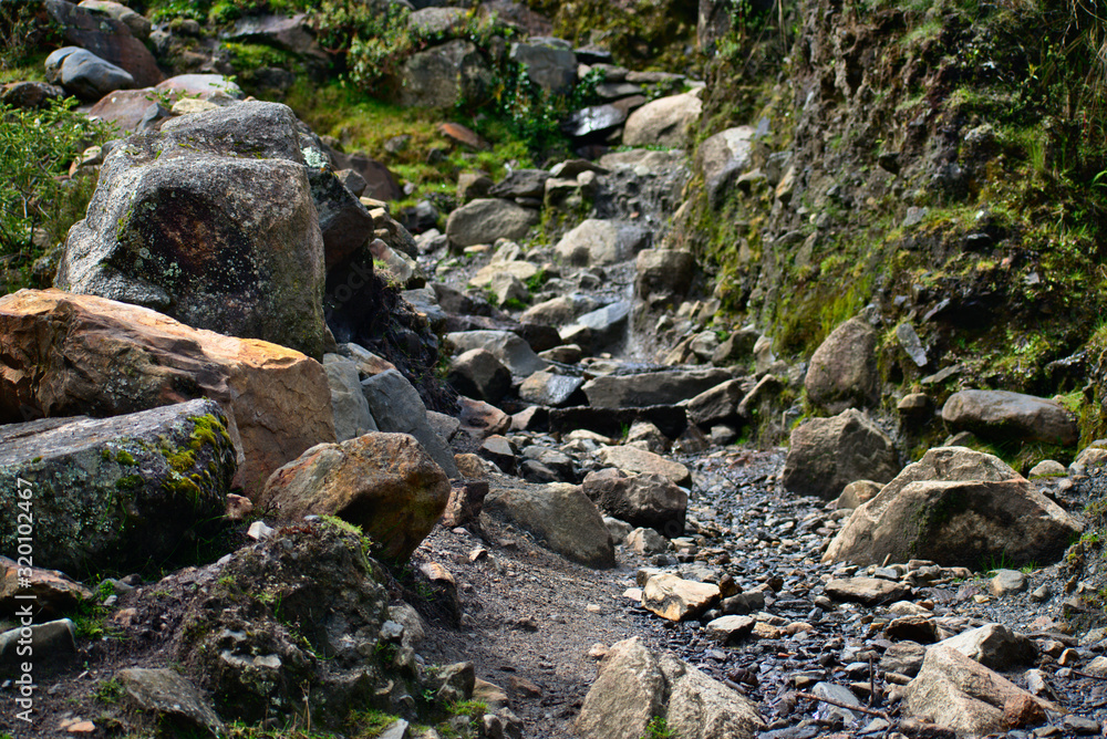 Landscape of a rocky creek path in Huascarán National Park Landscape of a rocky creek path in Huascarán National Park