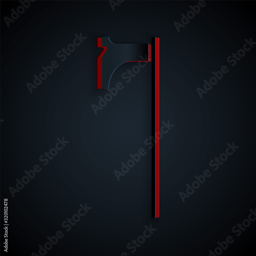 Paper cut Medieval axe icon isolated on black background. Battle axe, executioner axe. Medieval weapon. Paper art style. Vector Illustration