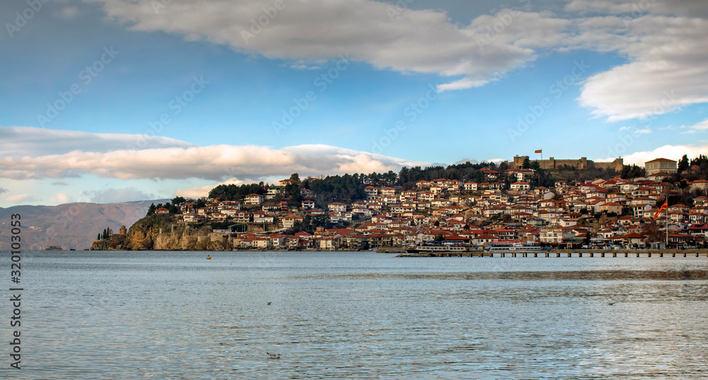 Old Town Landscape. View from a boat in the lake. Ohrid, Northern Macedonia.