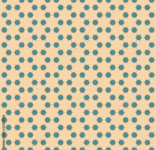 Vector minimalist geometric floral seamless pattern. Abstract background in tan and teal colors. Graphic texture with tiny flower shapes, hexagons, small elements. Repeat ornamental decorative design 