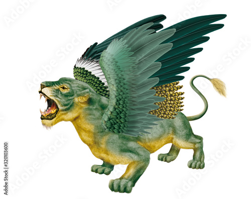 lionne   verte  femelle  volant  fantastique  menacent  dents  bouche ouvert  sauvage  ailes  animal  fauve  f  lin  