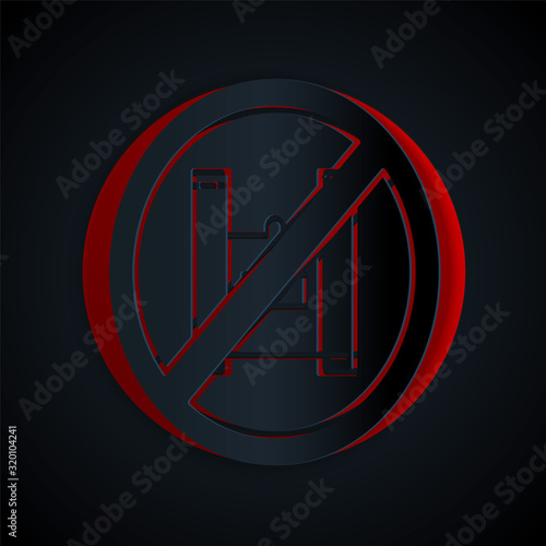 Paper cut Say no to plastic bags poster icon isolated on black background. Disposable cellophane and polythene package prohibition sign. Paper art style. Vector Illustration