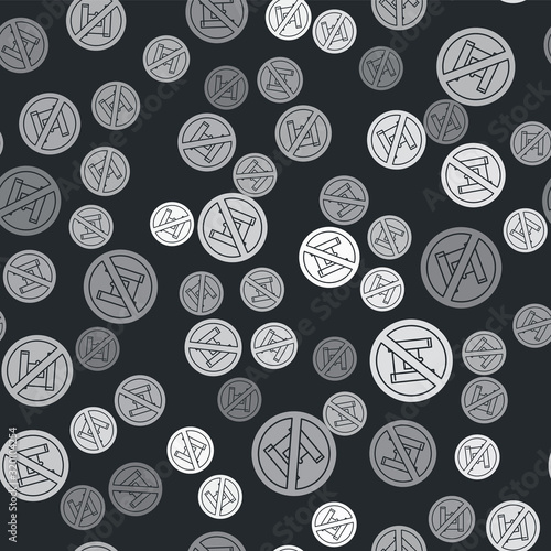 Grey Say no to plastic bags poster icon isolated seamless pattern on black background. Disposable cellophane and polythene package prohibition sign. Vector Illustration