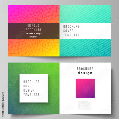 The vector illustration of editable layout of two covers templates for square design bifold brochure, magazine, flyer, booklet. Abstract geometric pattern with colorful gradient business background
