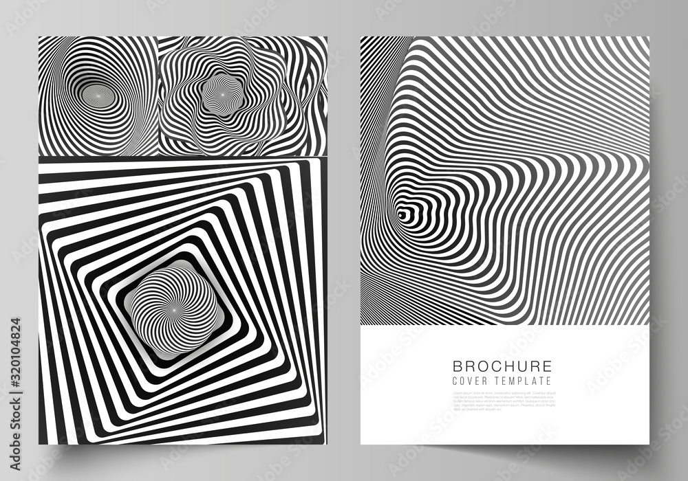 Vector layout of A4 format modern cover mockups design templates for brochure, magazine, flyer, booklet, report. Abstract 3D geometrical background with optical illusion black and white design pattern