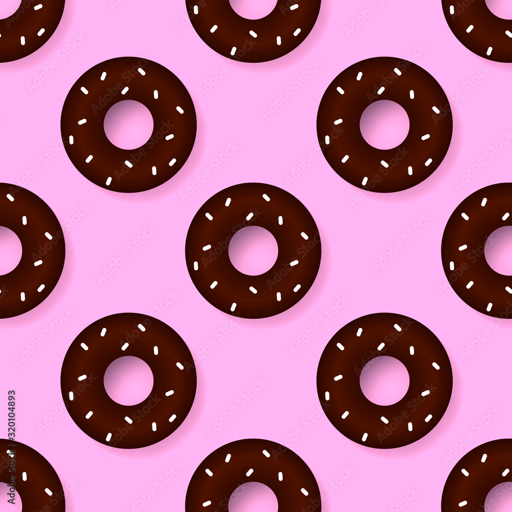 Chocolate donuts on a pink background. Seamless pattern. Vector illustration for poster or banner Chocolate donuts on a pink background. Seamless pattern. Vector illustration for poster or banner