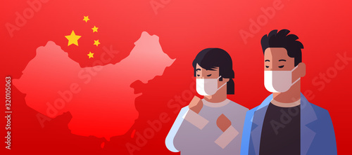 men wearing protective masks to prevent epidemic MERS-CoV virus concept wuhan coronavirus 2019-nCoV pandemic medical health risk chinese flag background portrait horizontal vector illustration