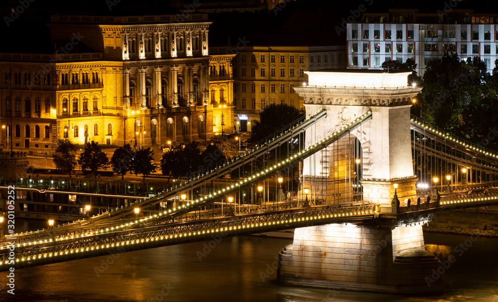 Szechenyi Chain Bridge At Night, Budapest, Hungary