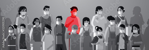 mix race people crowd in protective masks with one ill person infection spreading concept epidemic MERS-CoV stop coronavirus concept wuhan 2019-nCoV pandemic medical health risk portrait horizontal