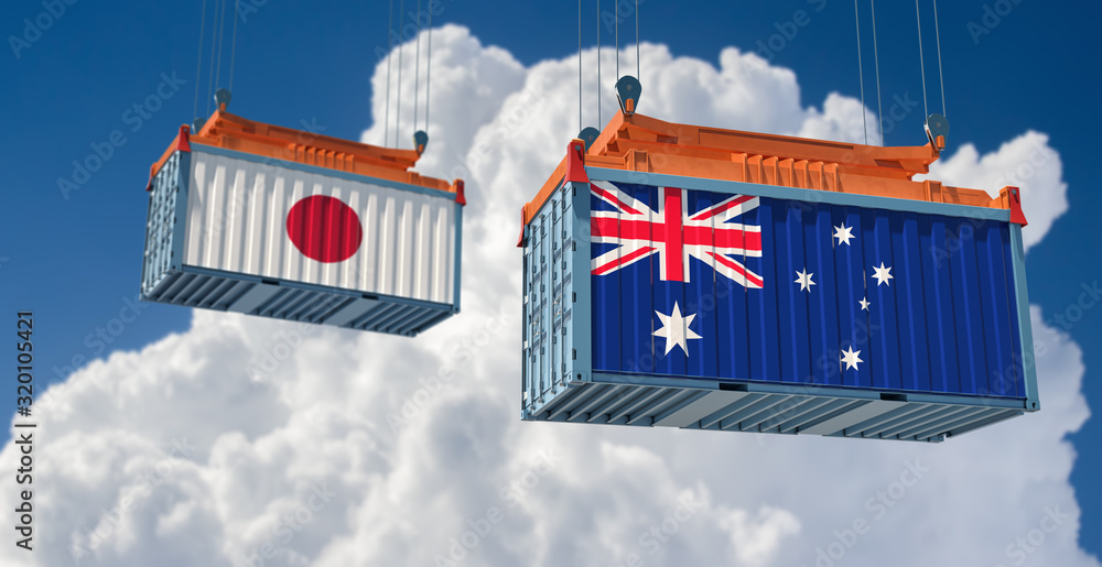 Freight container with Australia and Japan flag. 3D Rendering
